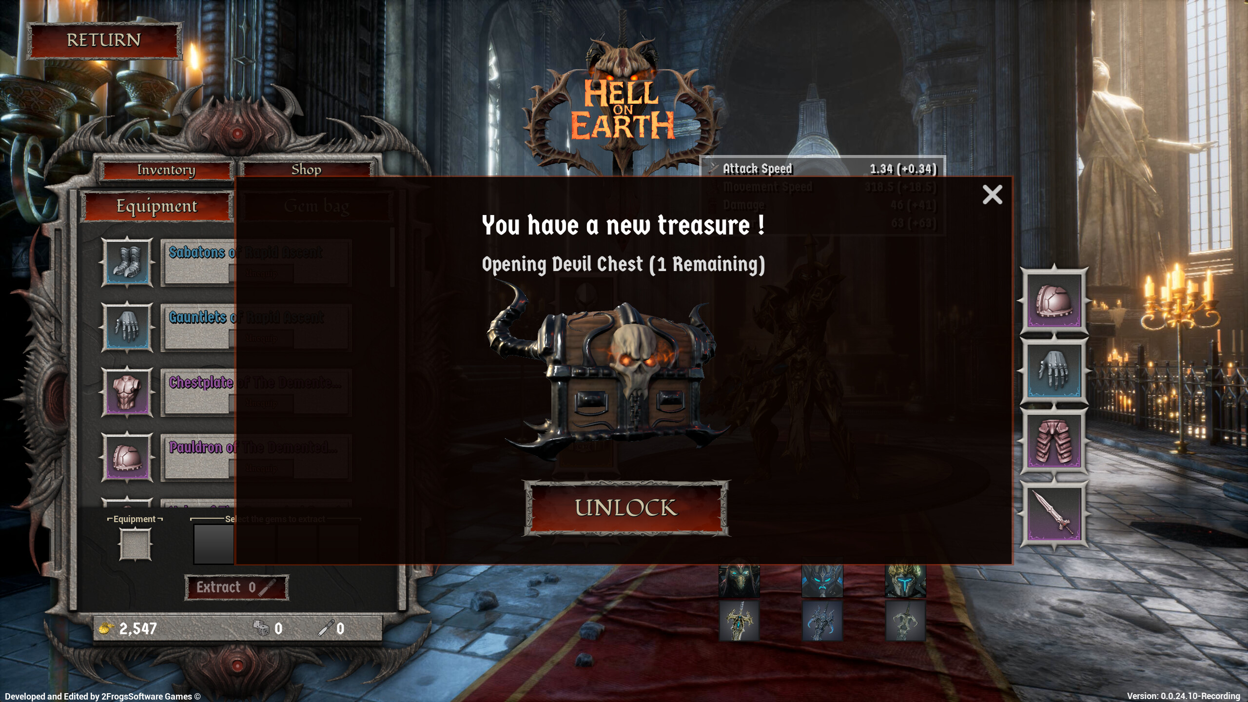 Unlocking a treasure chest in Hell On Earth rogue-lite game interface