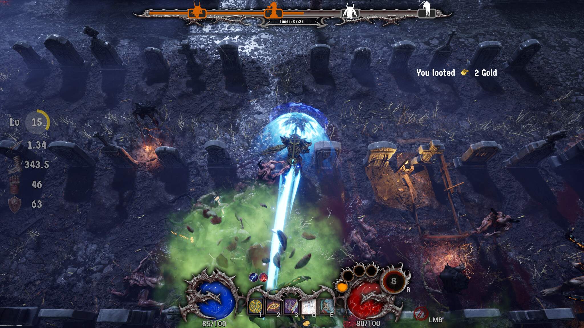 Gameplay screenshot of Hell On Earth featuring combat in a graveyard setting