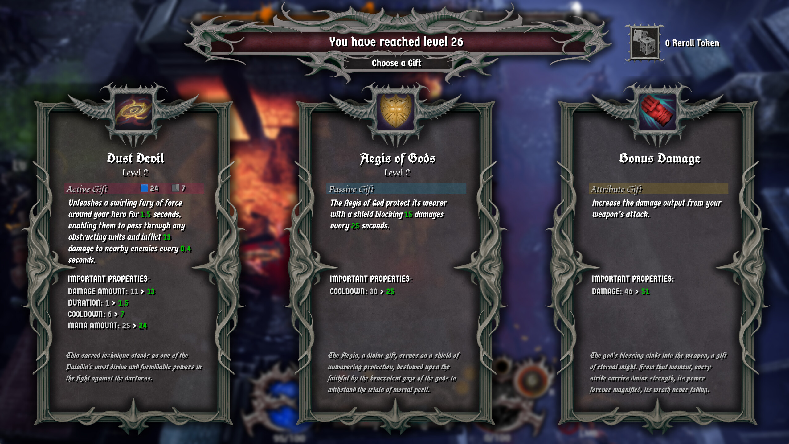 Level-up screen showcasing gifts in Hell On Earth rogue-lite game