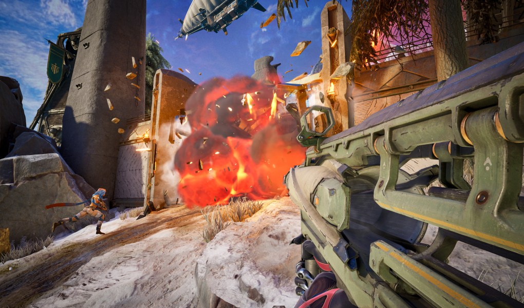 Intense action scene from Highguard featuring an explosion and character combat.