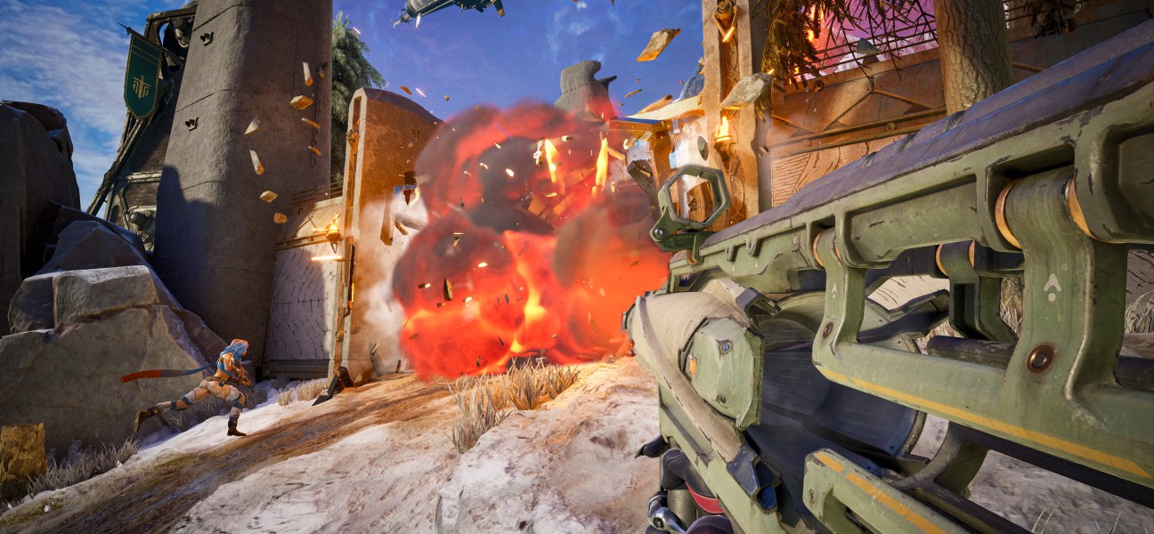 Intense action scene from Highguard featuring an explosion and character combat.