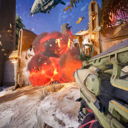 Intense action scene from Highguard featuring an explosion and character combat.