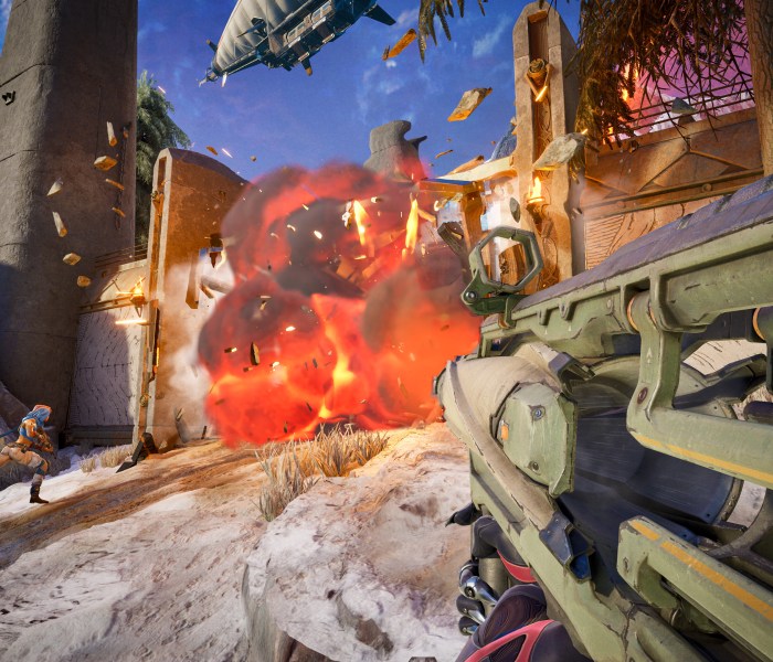 Intense action scene from Highguard featuring an explosion and character combat.