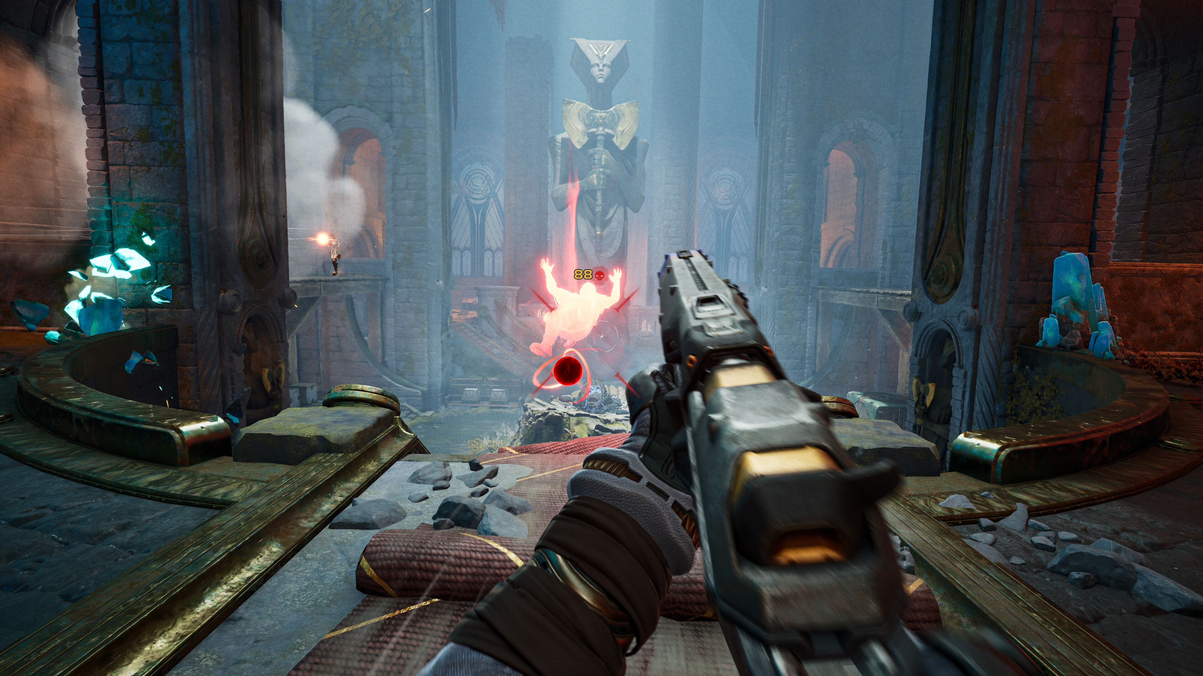 Intense gameplay scene from Highguard featuring a character aiming a weapon.