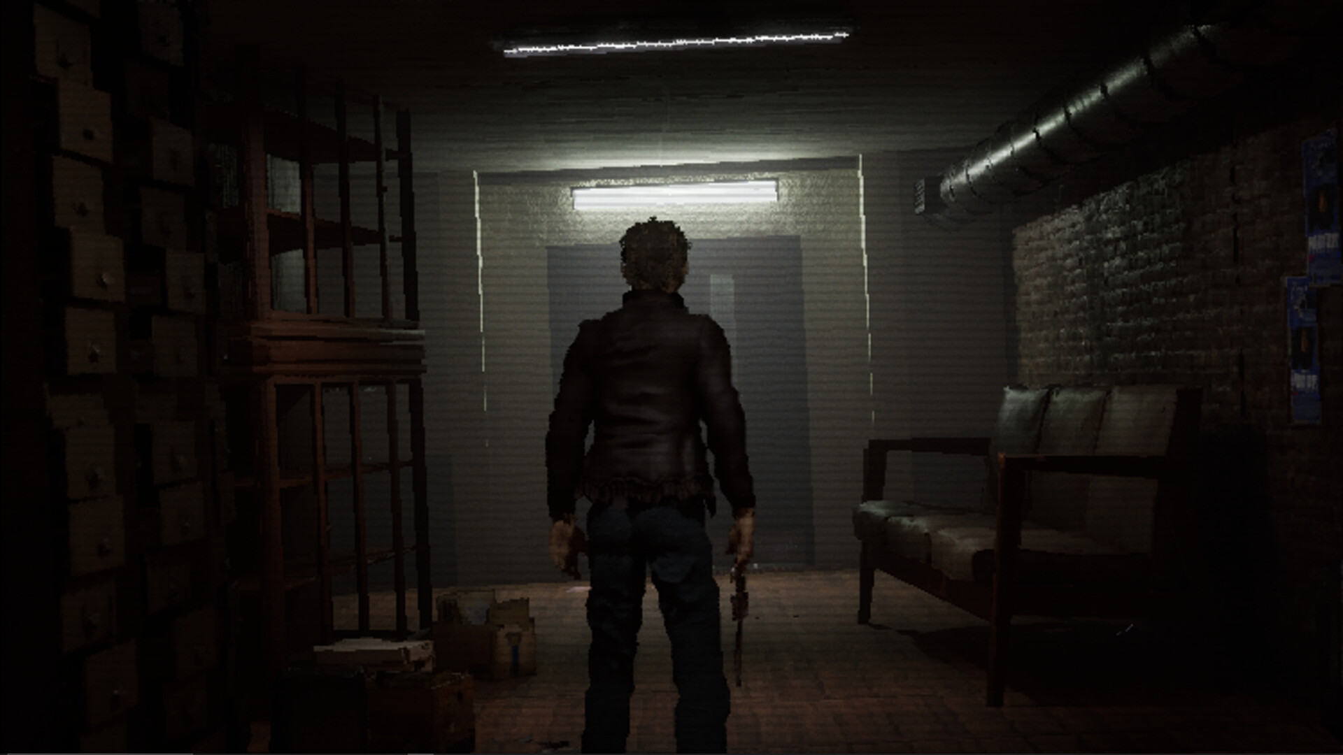 Detective Owen Crane explores a dimly lit police station in Hollow Stories: Lockdown.