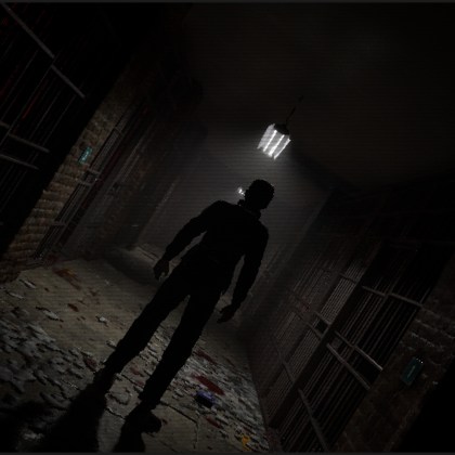 Detective Owen Crane in a dark, eerie police station corridor in Hollow Stories: Lockdown.
