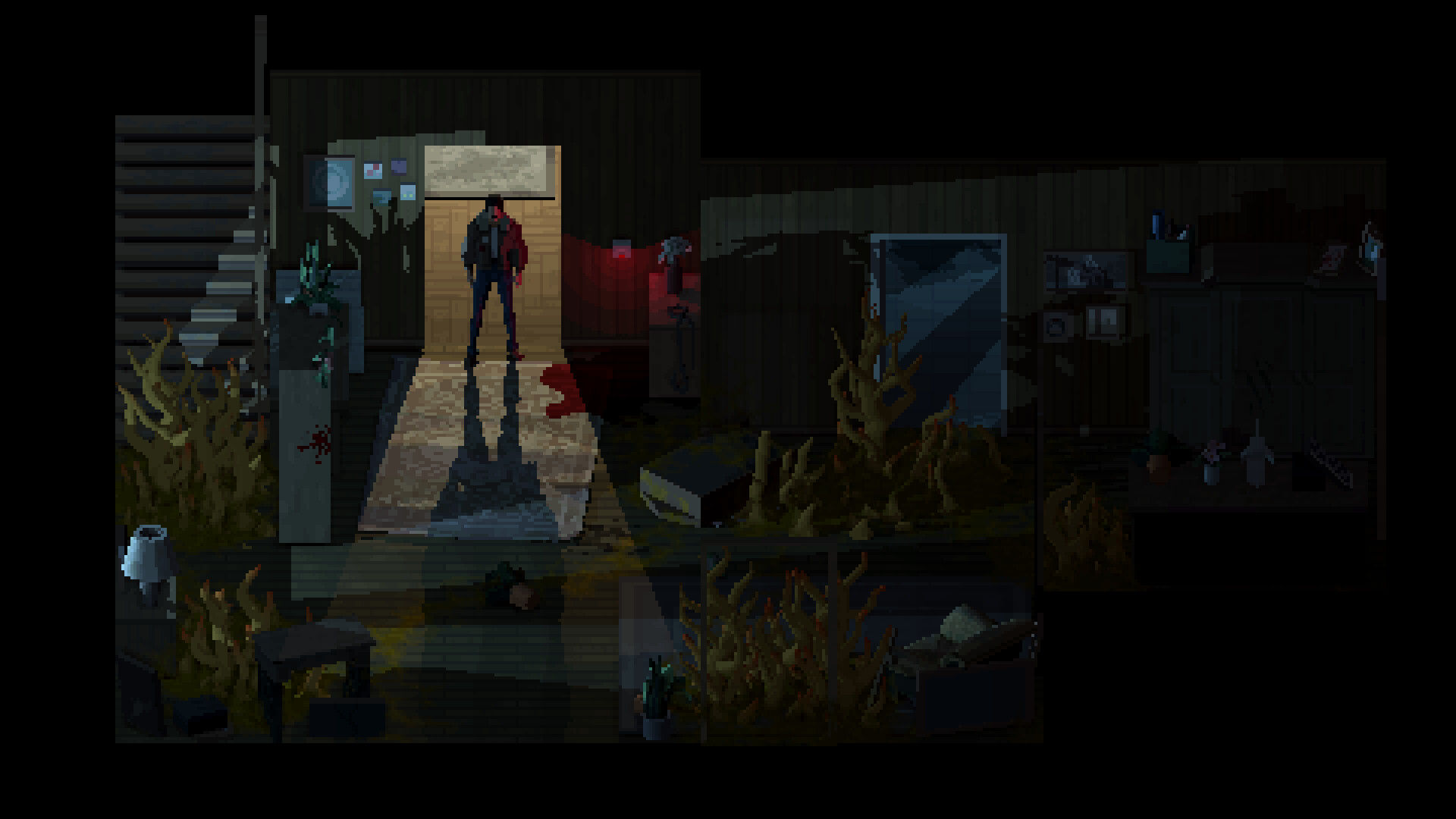 Eerie scene from Holstin featuring a character in a decaying room with mysterious slime.