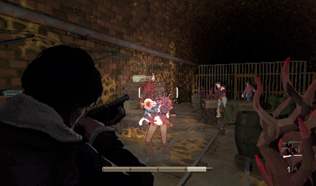 Gameplay of Holstin featuring a character shooting in a dark, eerie environment.