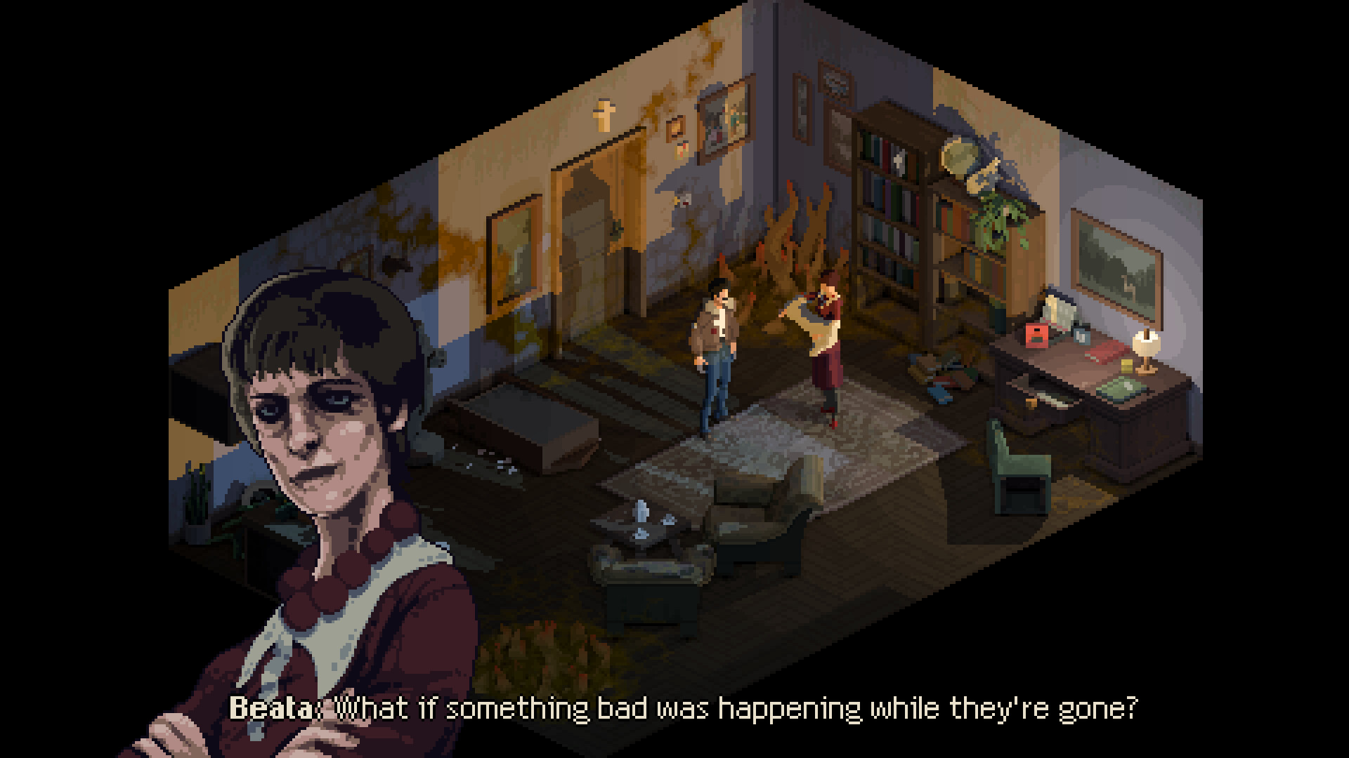 Holstin game scene featuring characters in a decaying room with eerie atmosphere