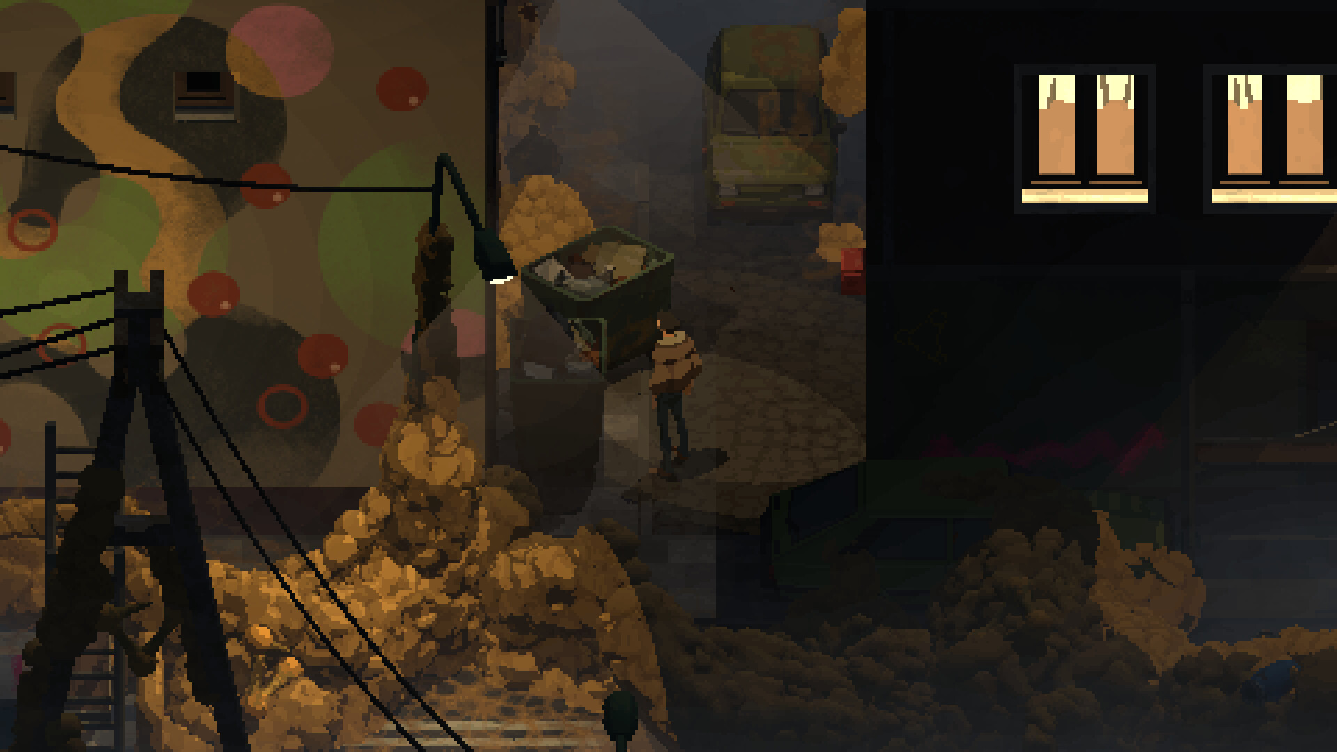 Holstin game scene showcasing eerie 1990s Polish town with mysterious slime