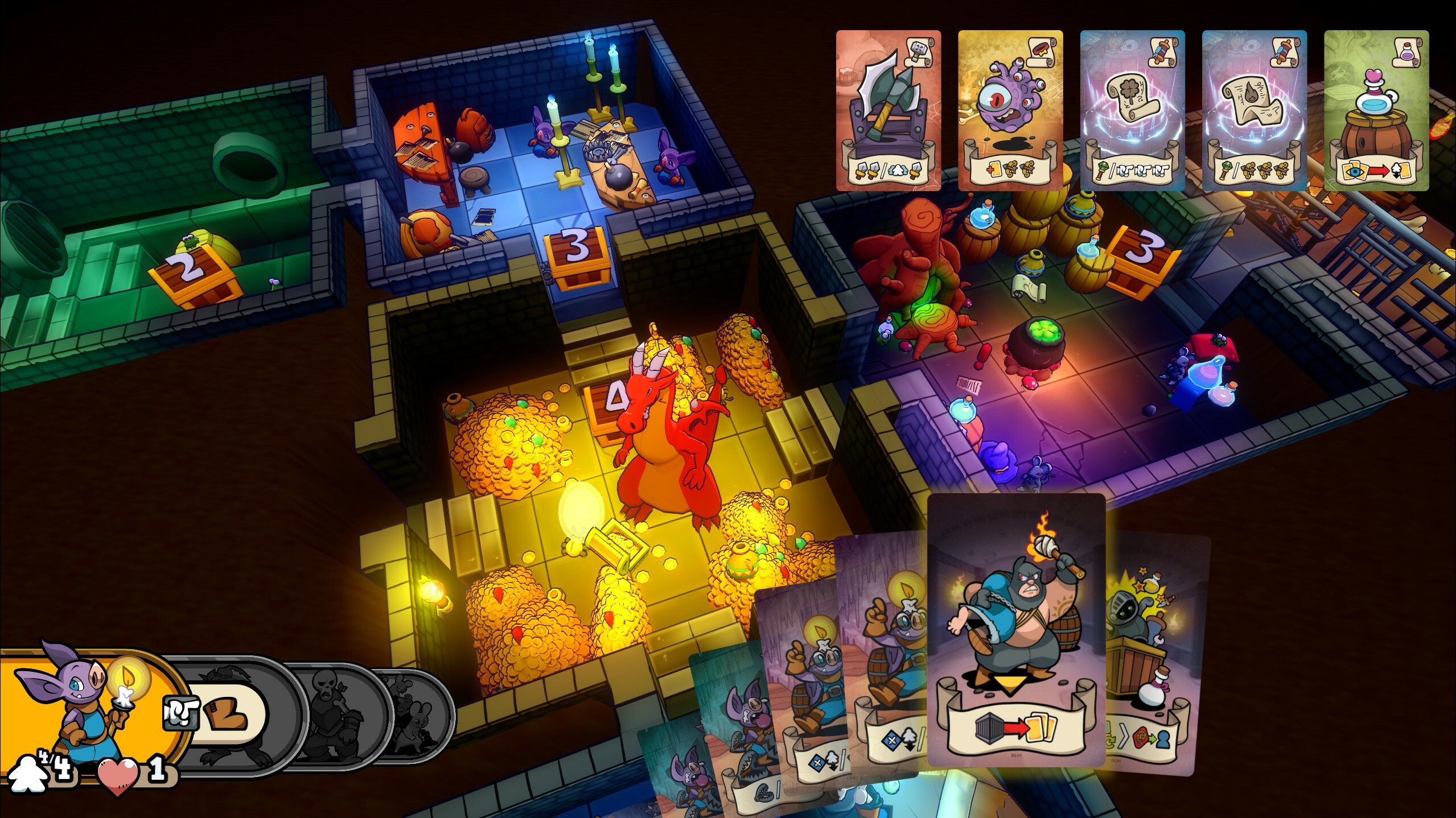 Cooperative dungeon defense gameplay in Keep the Heroes Out! with colorful characters and cards.