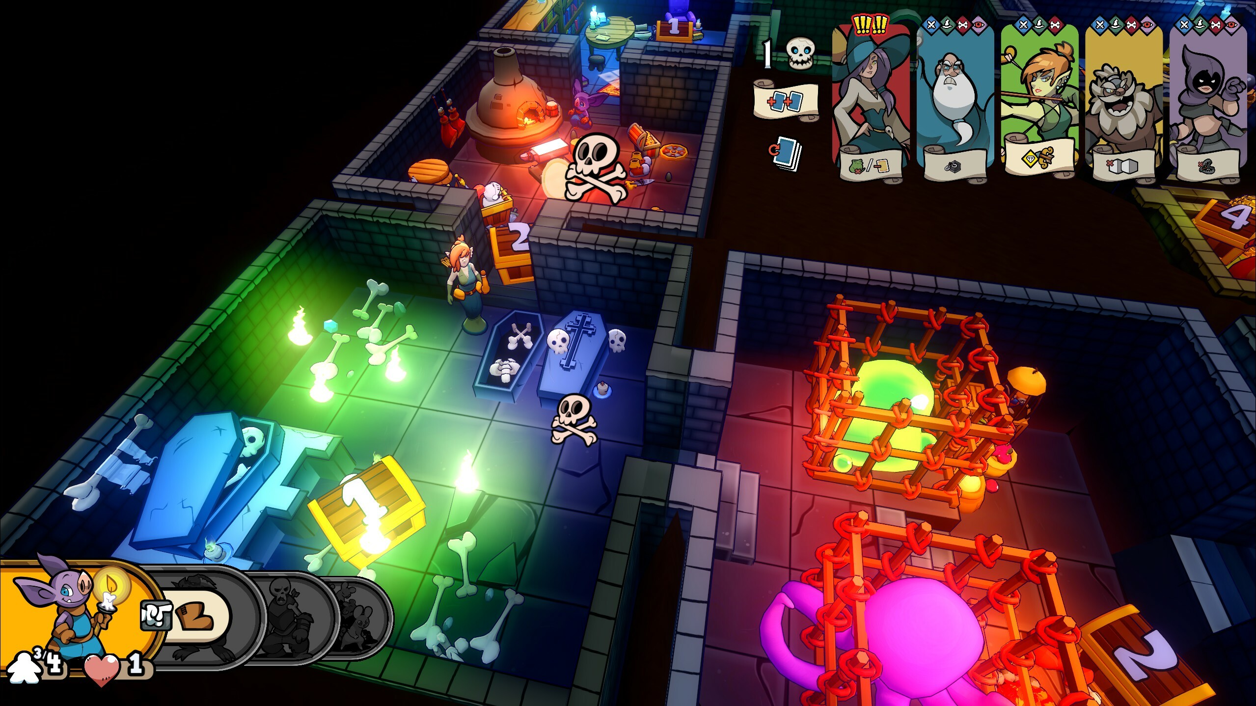 Colorful dungeon layout with characters and strategic elements in Keep the Heroes Out!