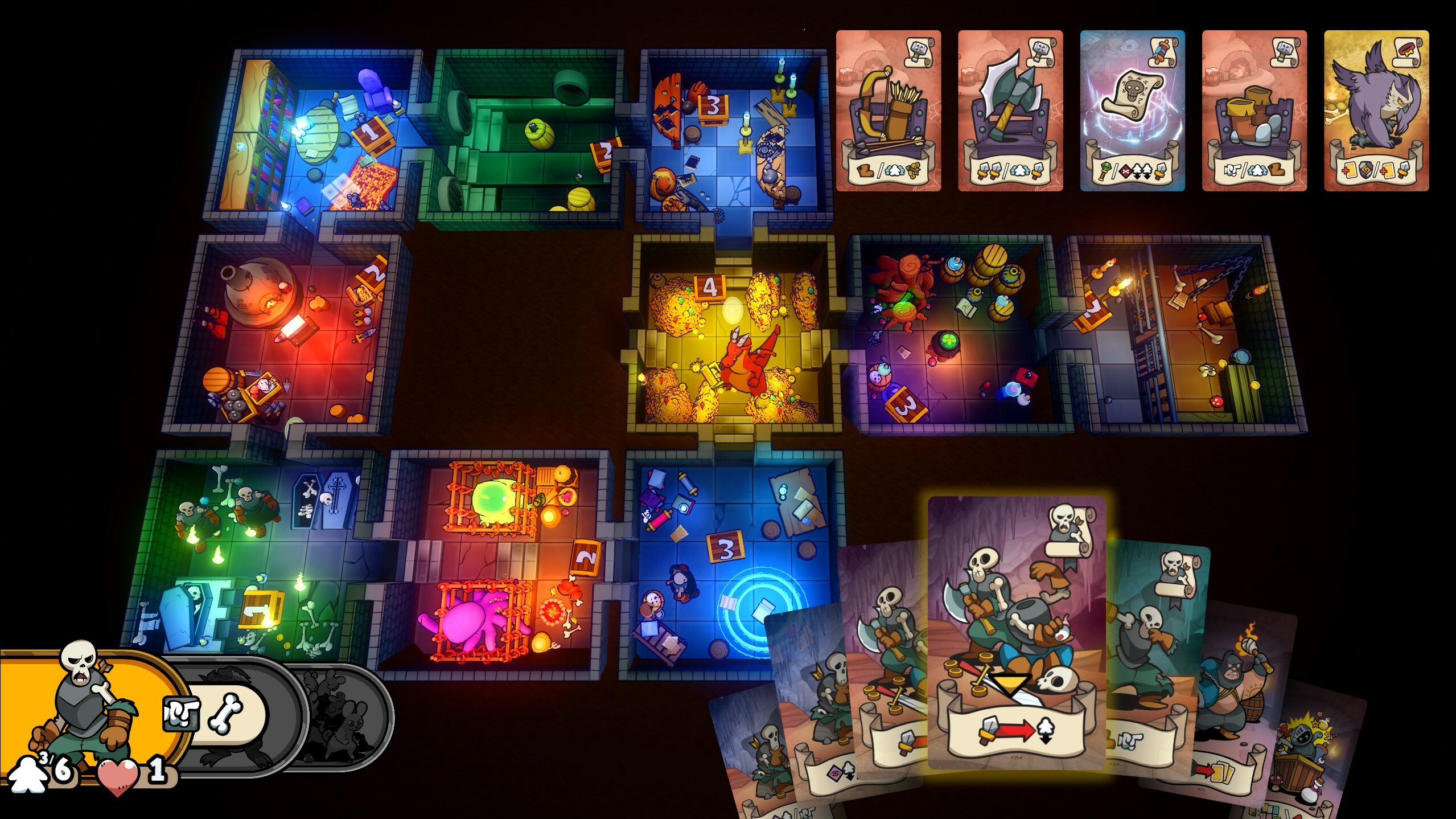 Cooperative dungeon defense game Keep the Heroes Out! with colorful board layout and character cards.