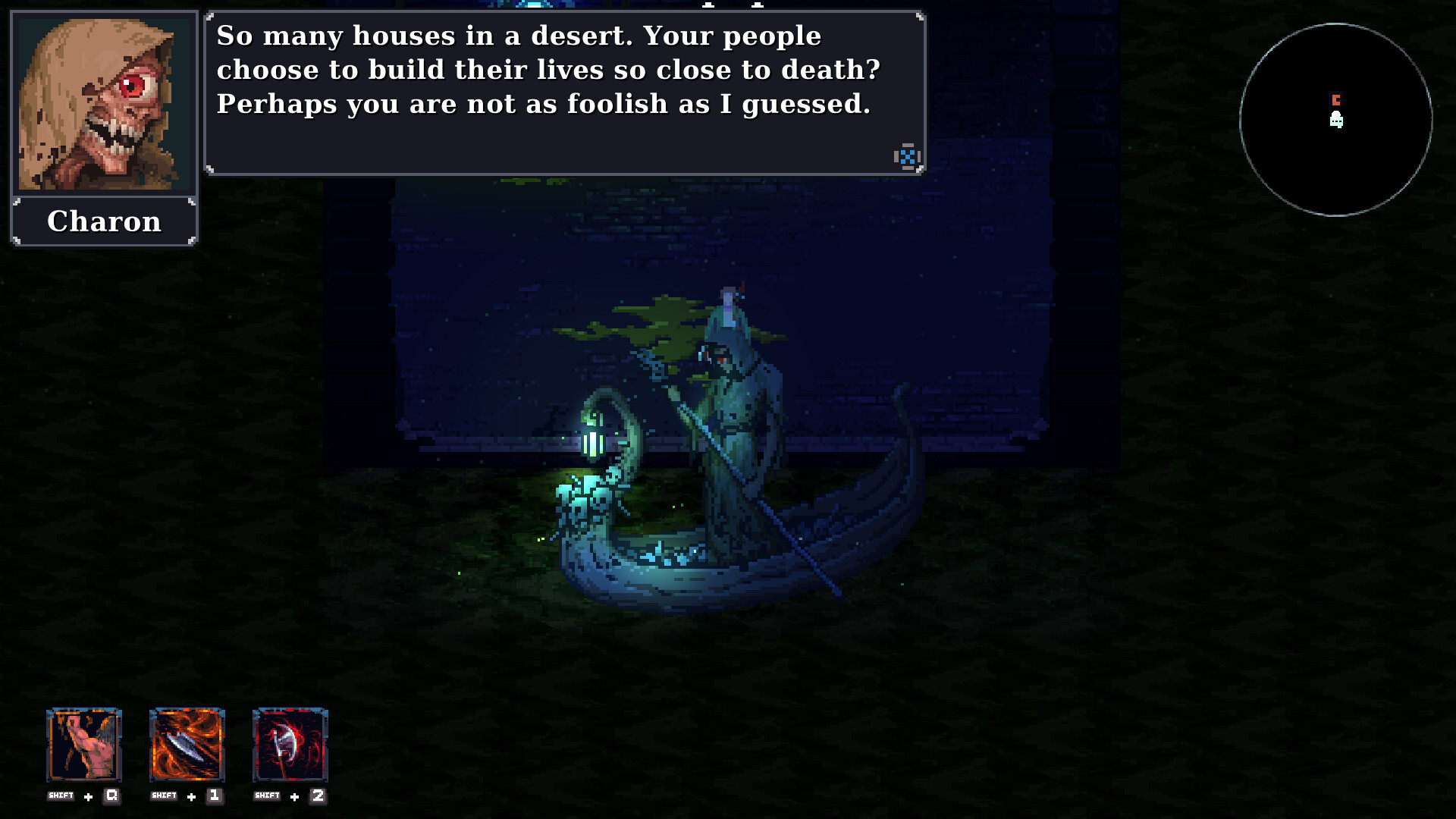 Charon converses in a dark desert setting in Kingdom of Night RPG