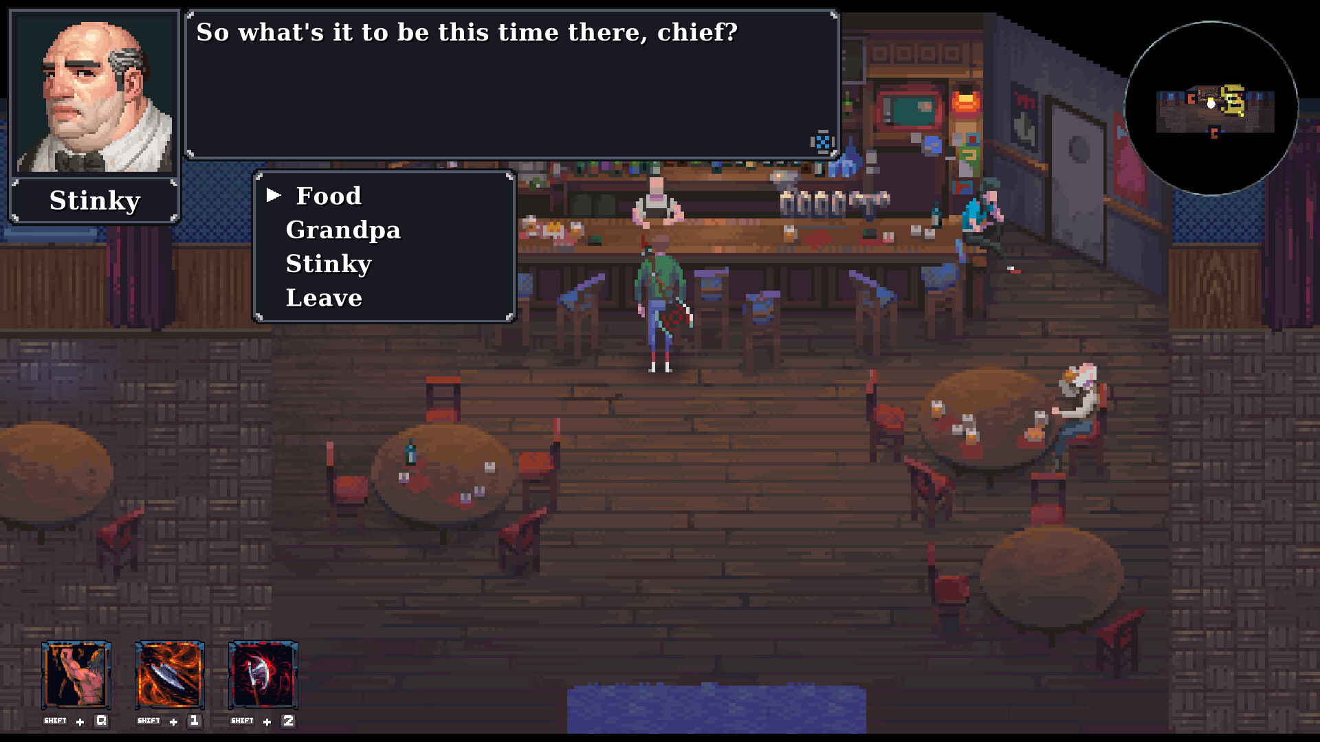 In-game dialogue scene from Kingdom of Night featuring a bar setting.
