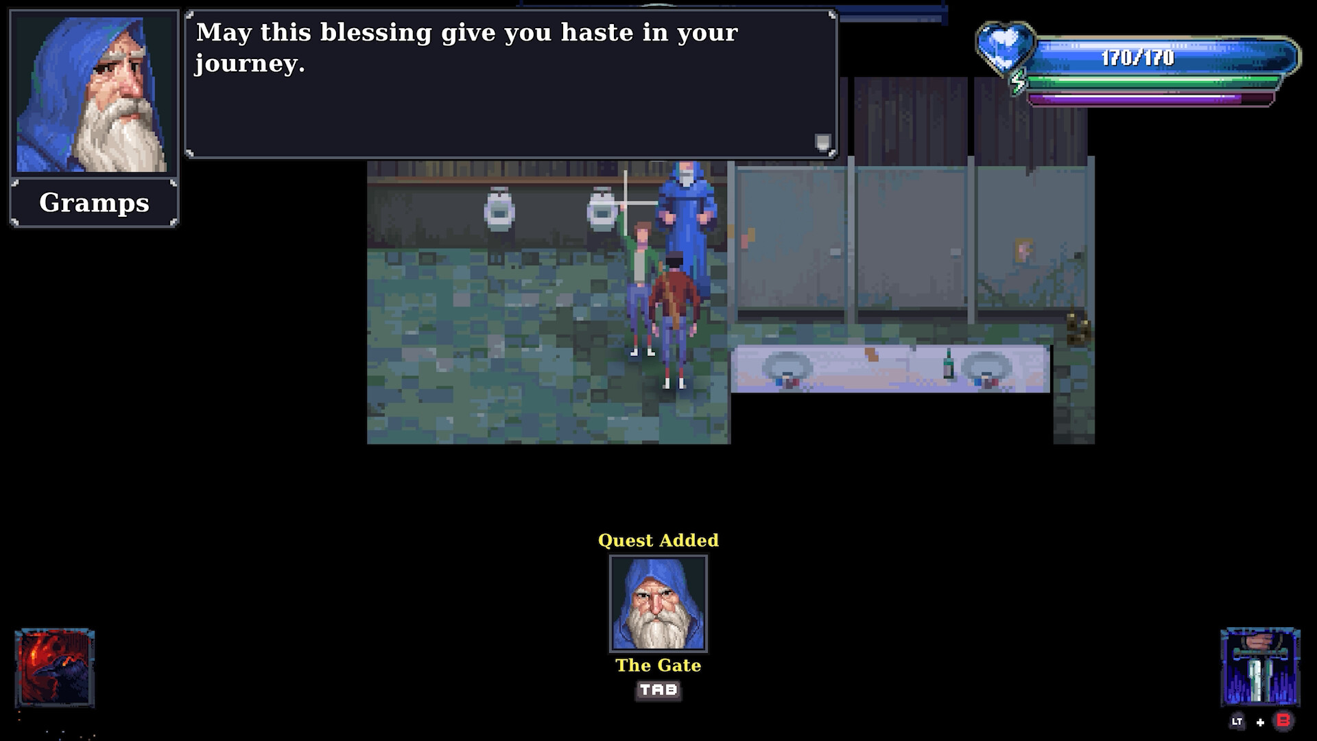 Character interaction in Kingdom of Night RPG with Gramps blessing player.