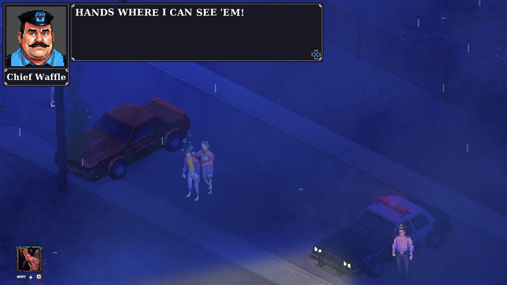 Isometric action RPG scene from Kingdom of Night featuring characters and police cars.