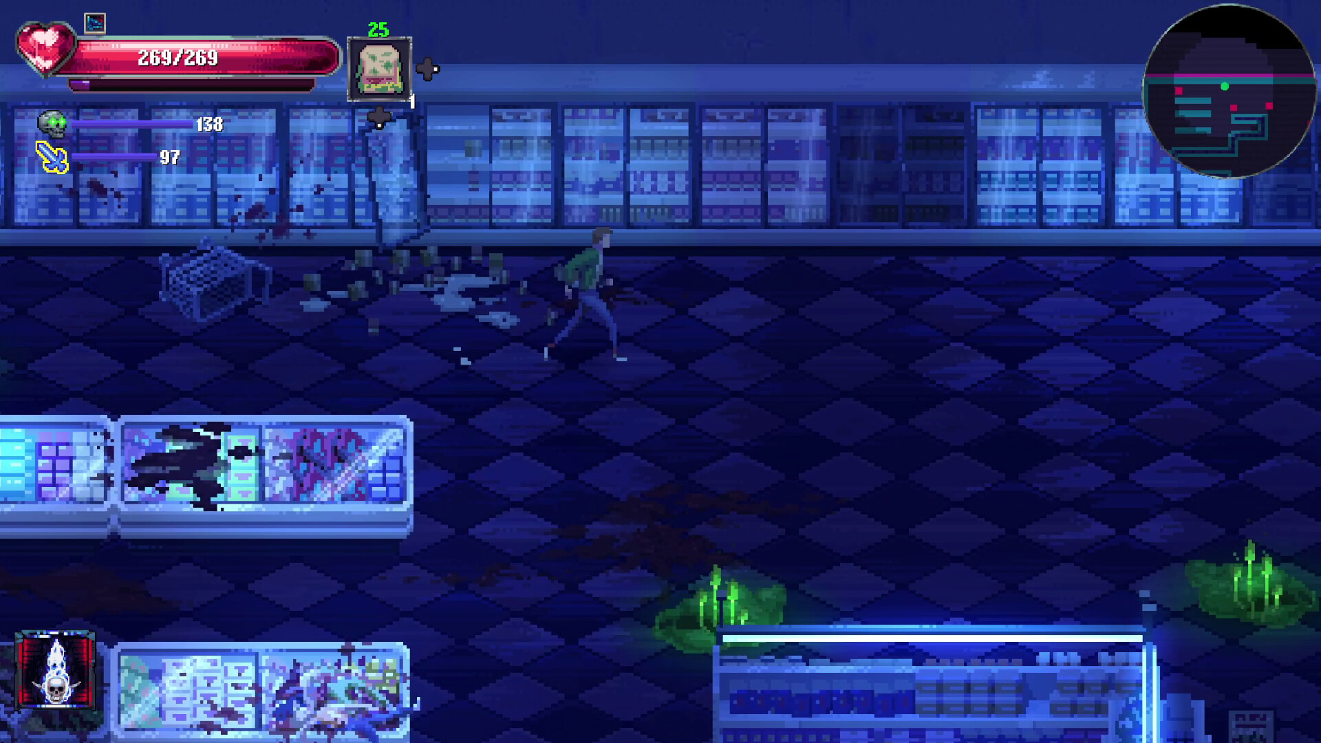 Character exploring a dark convenience store in Kingdom of Night