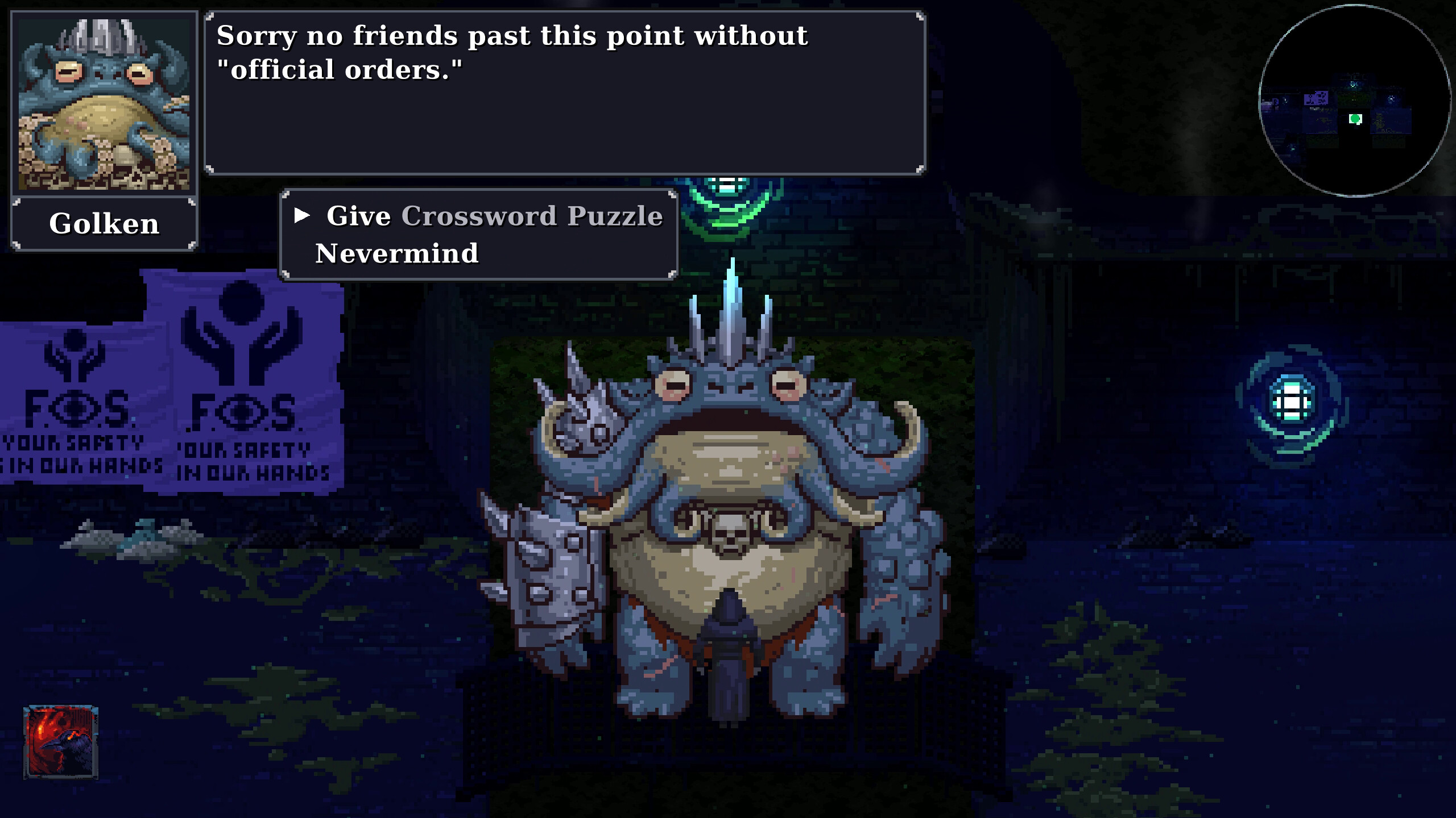Character interaction scene in Kingdom of Night featuring Golken and dialogue options.