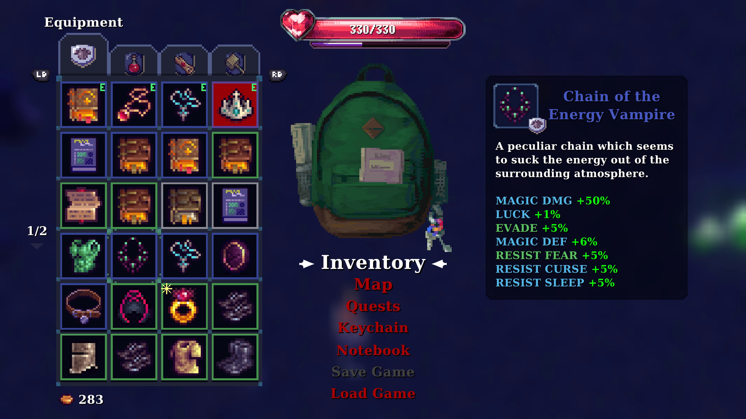 Inventory screen showcasing items in Kingdom of Night RPG