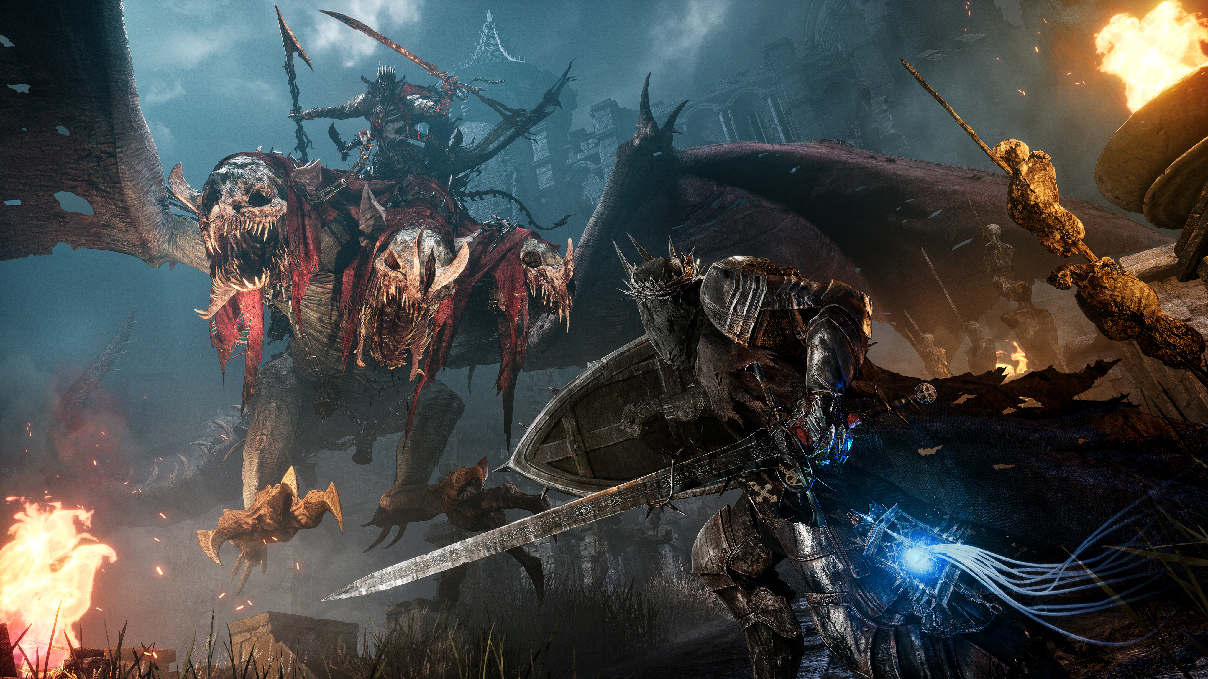Epic battle scene in Lords of the Fallen featuring a knight and a monstrous dragon.