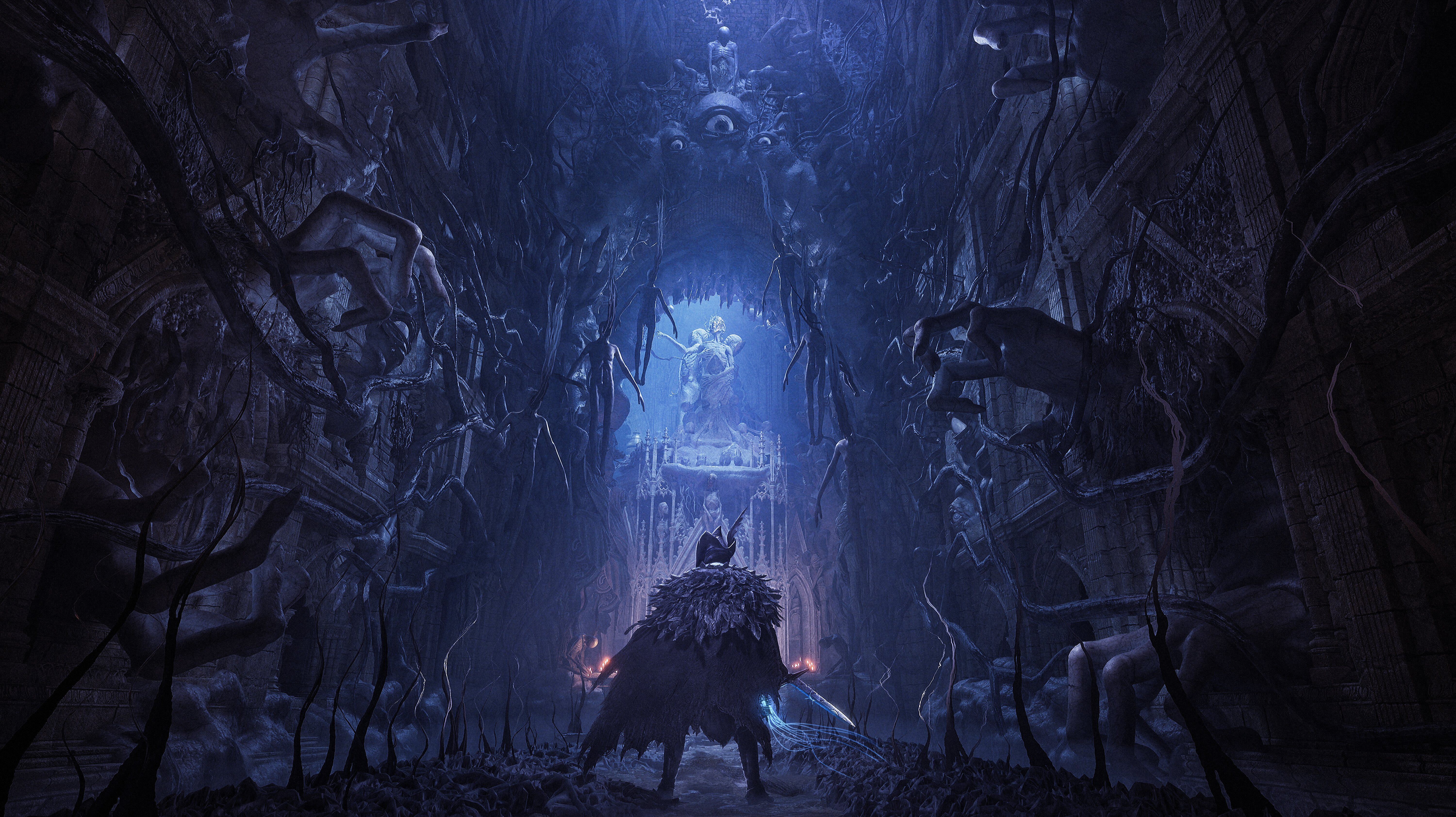 Dark fantasy scene from Lords of the Fallen with eerie architecture and a central statue.