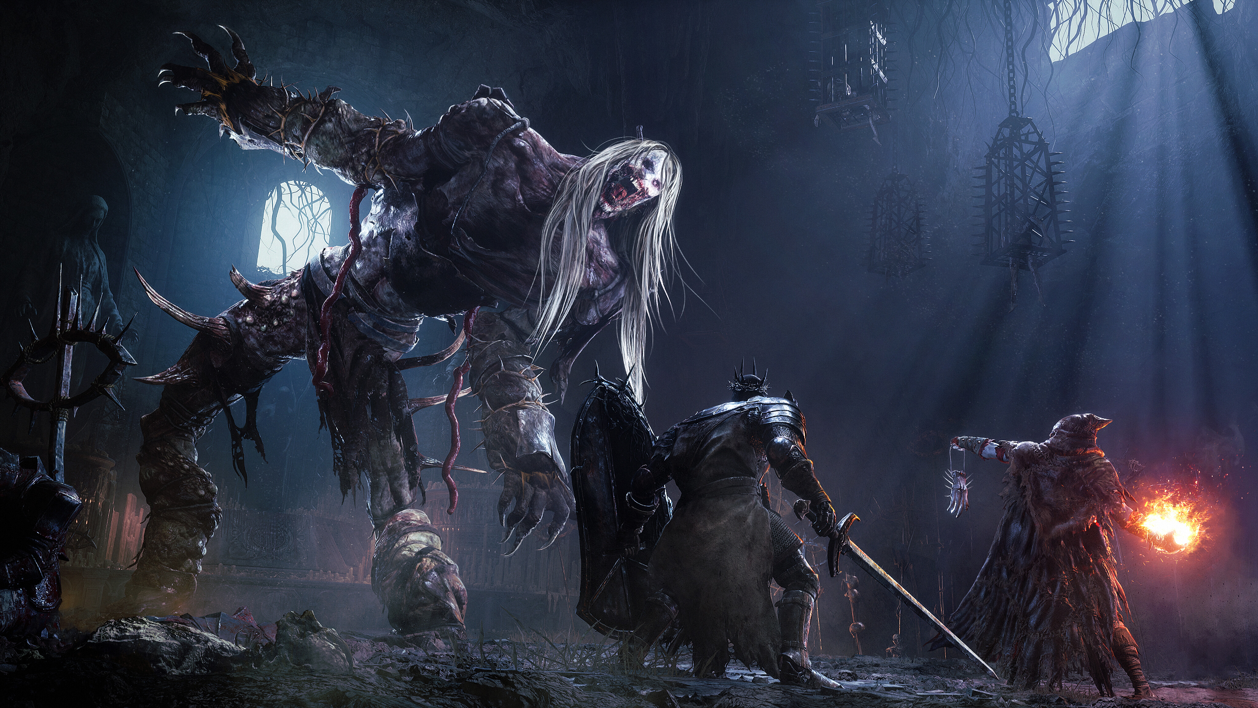 Epic battle scene in Lords of the Fallen featuring a giant creature and armored warriors