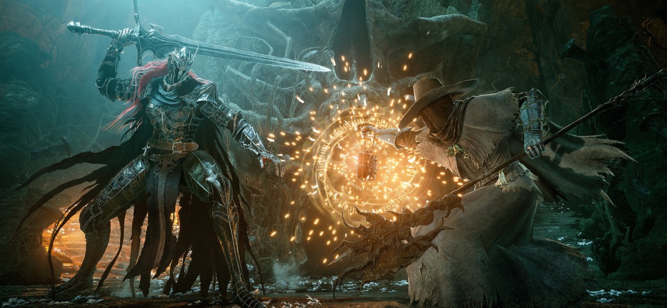 Epic battle scene from Lords of the Fallen featuring two characters in dark fantasy setting