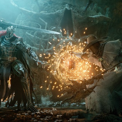 Epic battle scene from Lords of the Fallen featuring two characters in dark fantasy setting