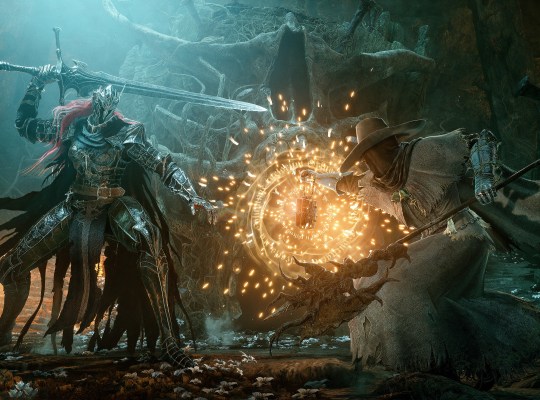Epic battle scene from Lords of the Fallen featuring two characters in dark fantasy setting