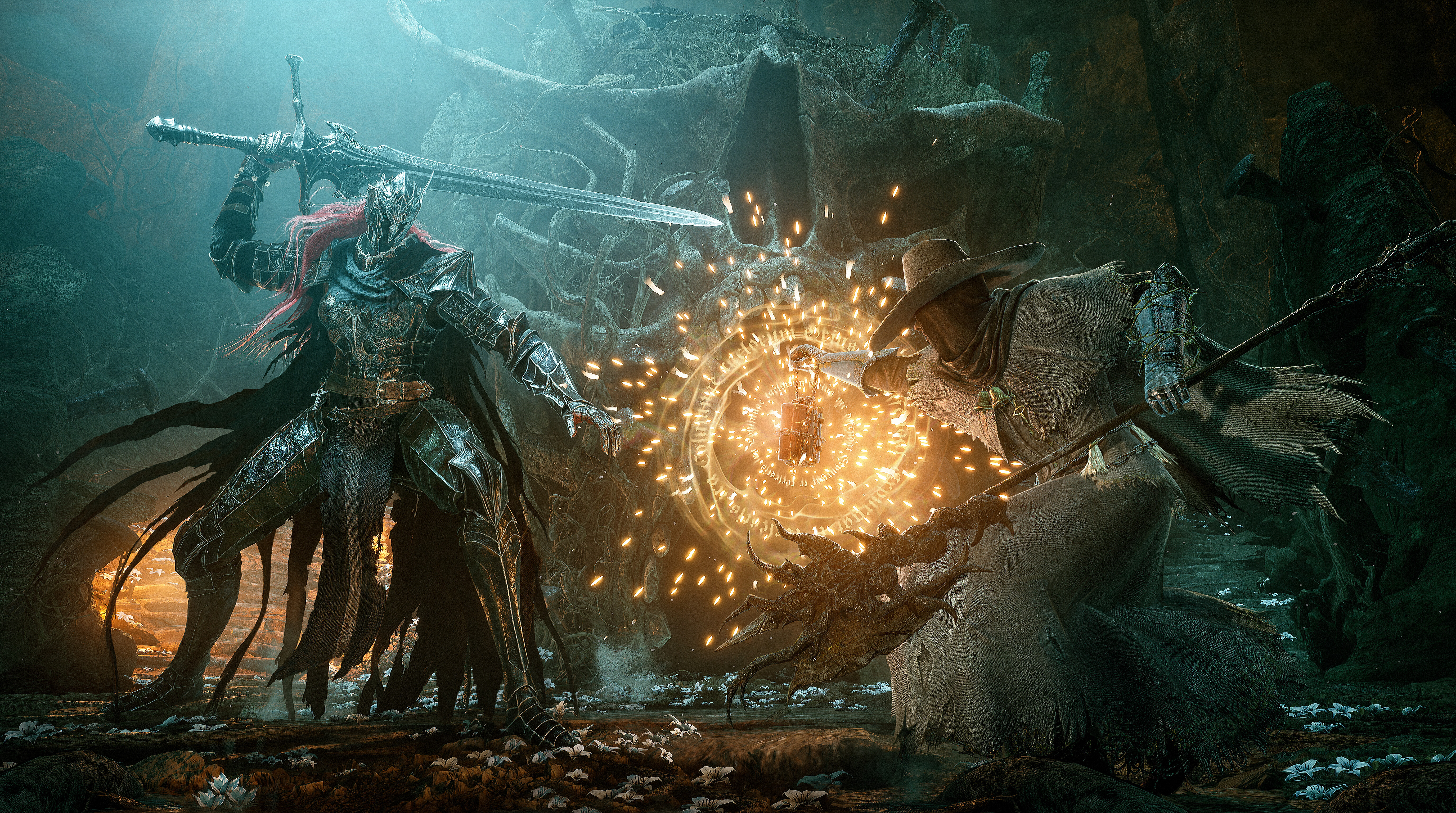 Epic battle scene from Lords of the Fallen featuring two characters in dark fantasy setting