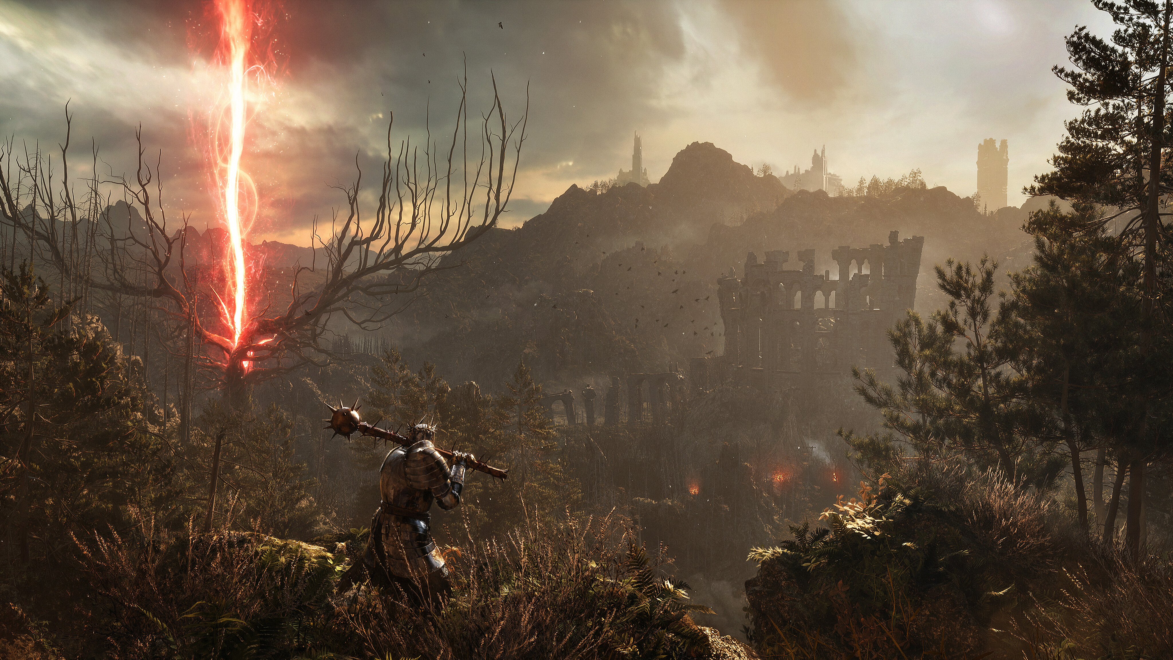 Epic landscape from Lords of the Fallen showcasing dark fantasy elements and a character in action.