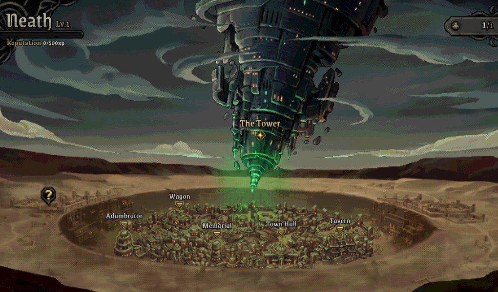 Overview of Neath's decaying world with the towering structure looming above.