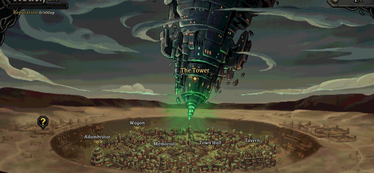 Overview of Neath's decaying world with the towering structure looming above.