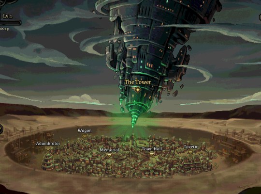 Overview of Neath's decaying world with the towering structure looming above.