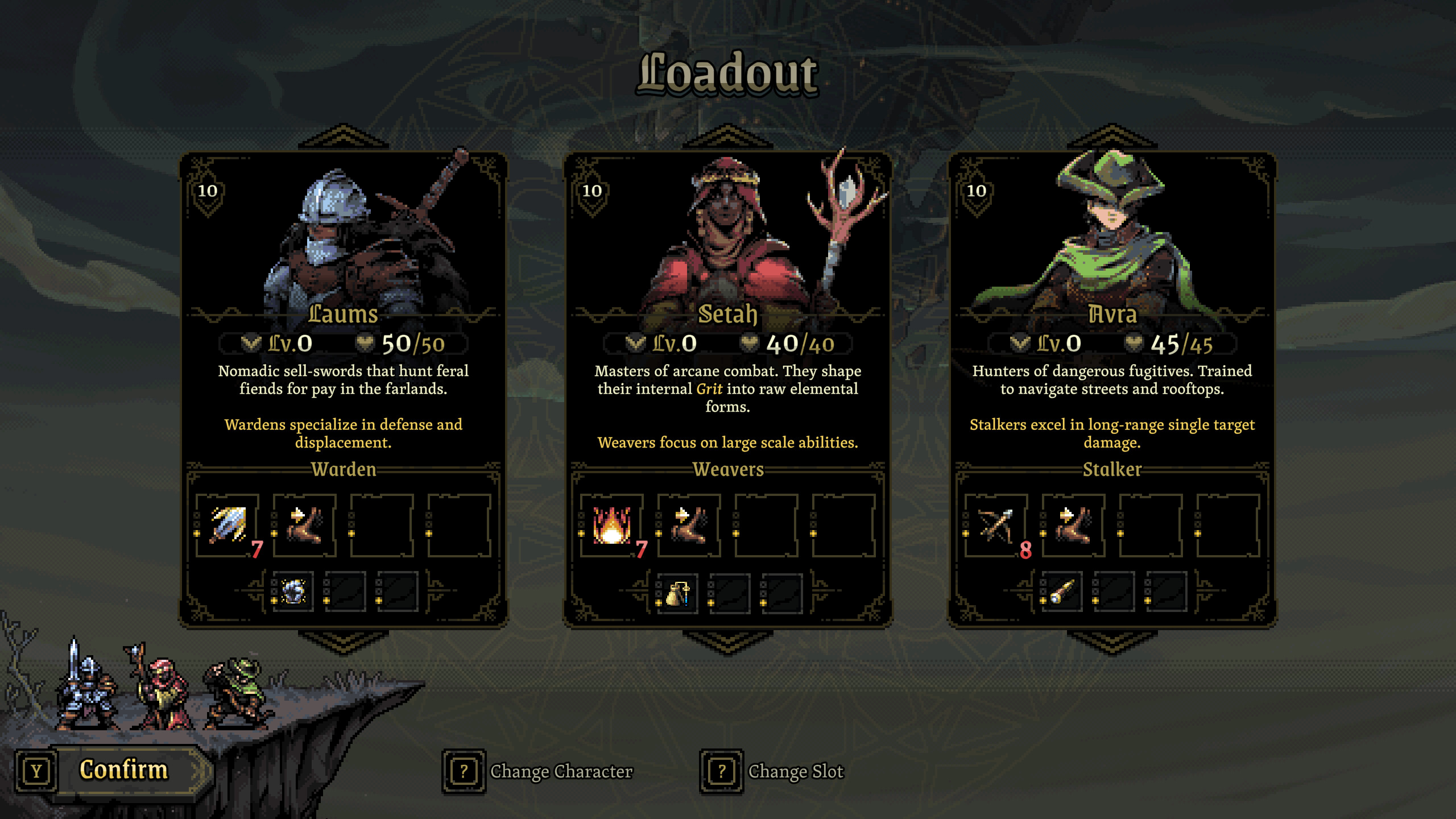 Loadout screen showcasing characters in Neath, a roguelike tactical RPG.