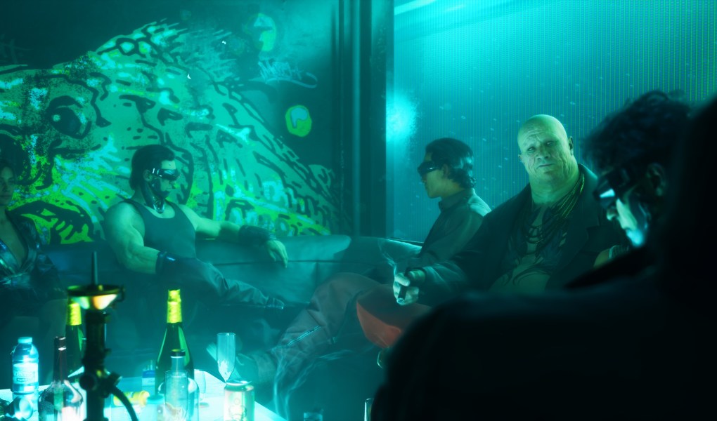 Cyberpunk characters in a neon-lit bar scene from No Law game