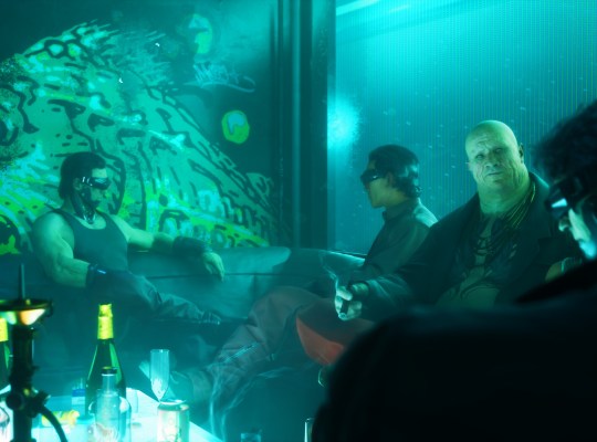 Cyberpunk characters in a neon-lit bar scene from No Law game