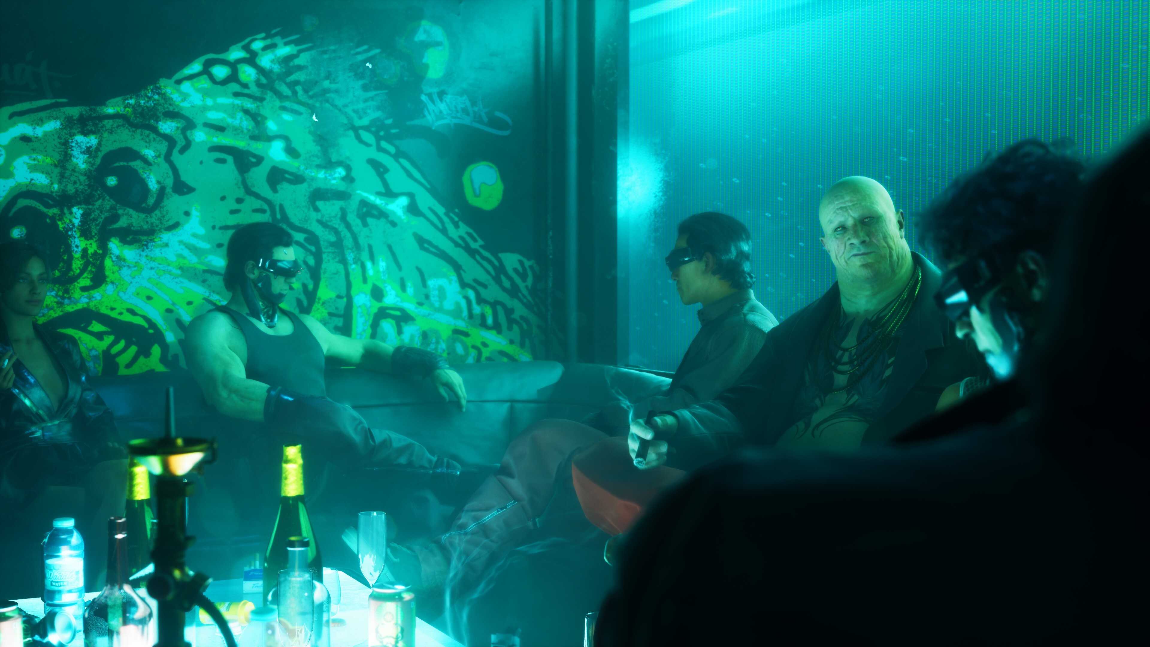 Cyberpunk characters in a neon-lit bar scene from No Law game