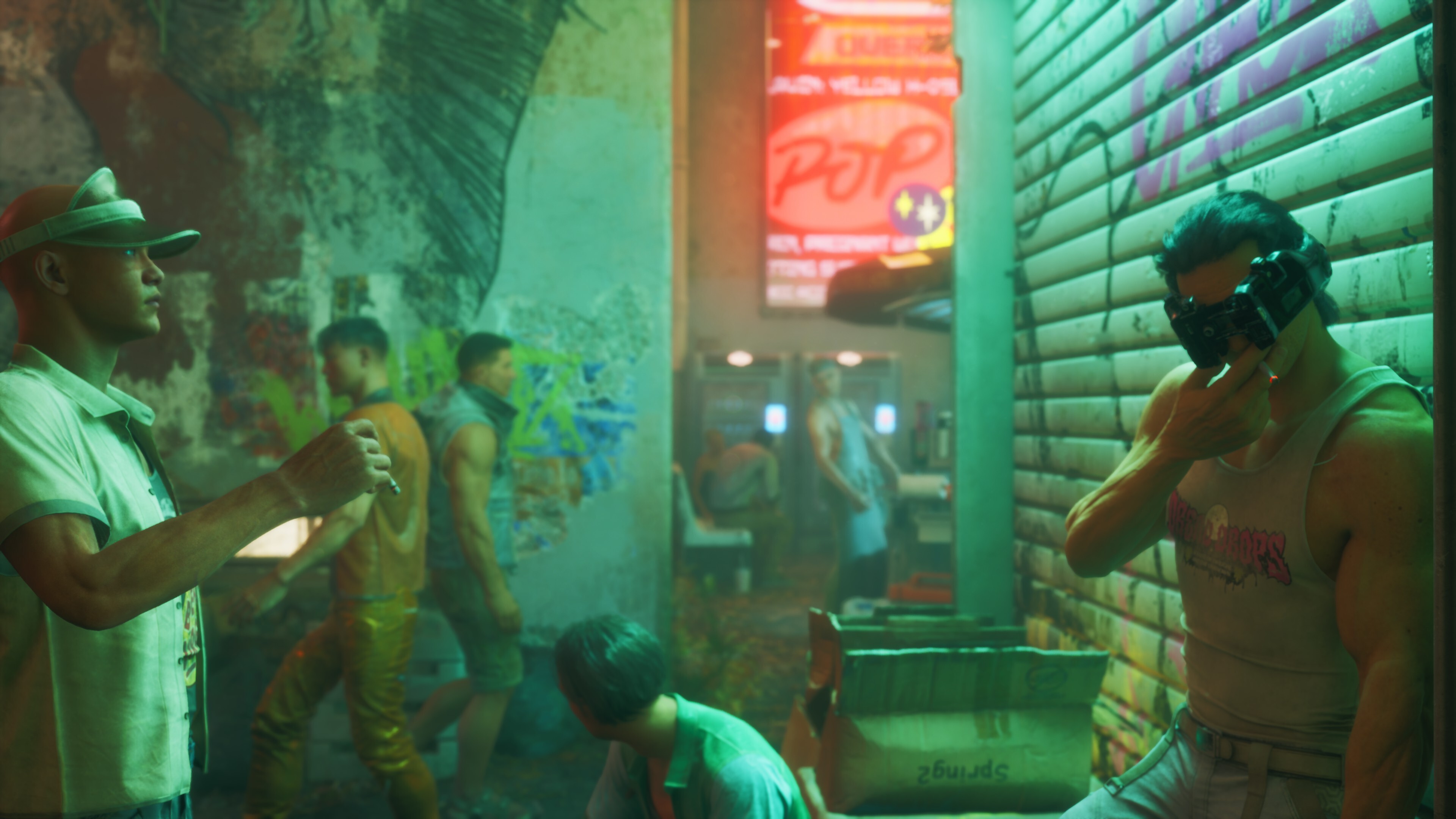 Cyberpunk scene from No Law showcasing vibrant city life and intense character interactions