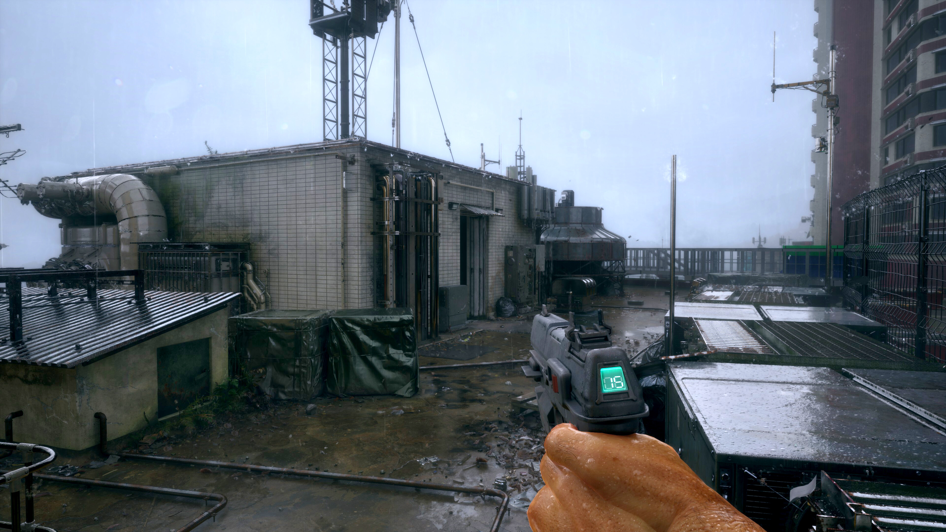 Gameplay screenshot from No Law showcasing a cyberpunk environment and weapon.