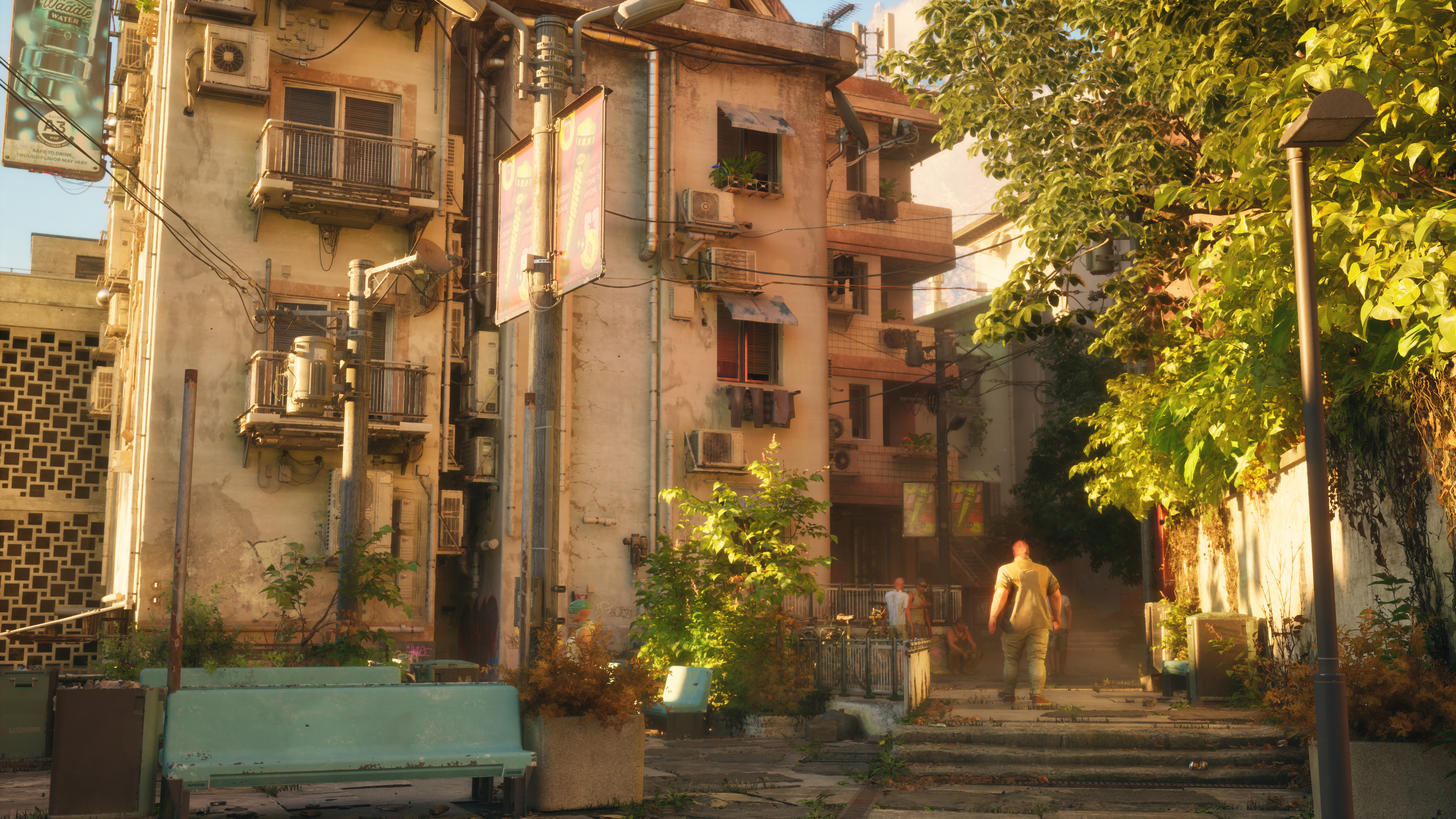 Cyberpunk cityscape with overgrown vegetation and a lone figure walking
