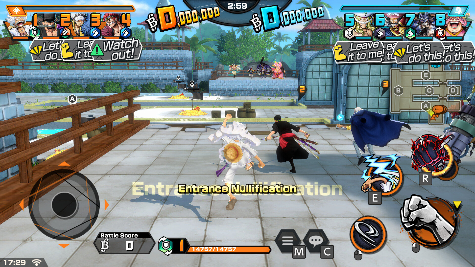 Trafalgar Law in action on Winner Island in One Piece: Bounty Rush gameplay screenshot.