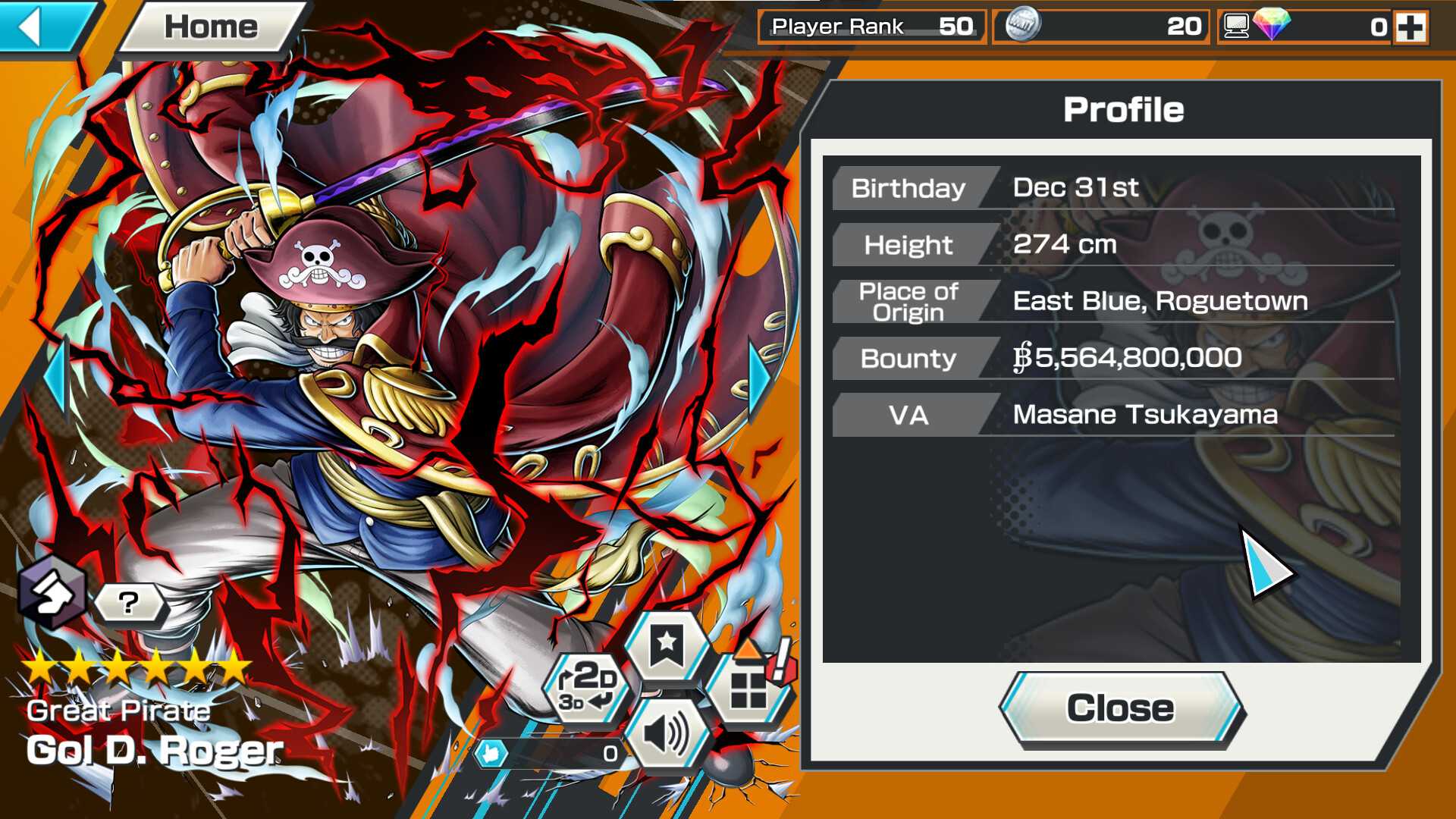 Profile of Gol D. Roger in One Piece: Bounty Rush with stats and background