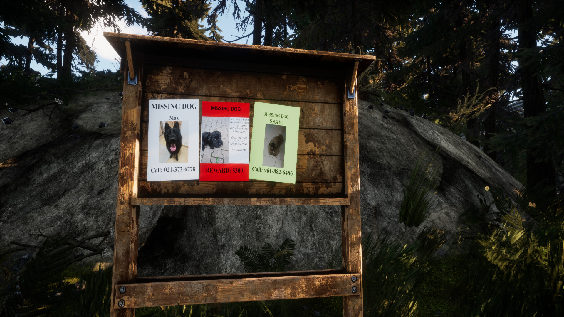 Missing dog posters in a forest setting from Our Little Brothers game