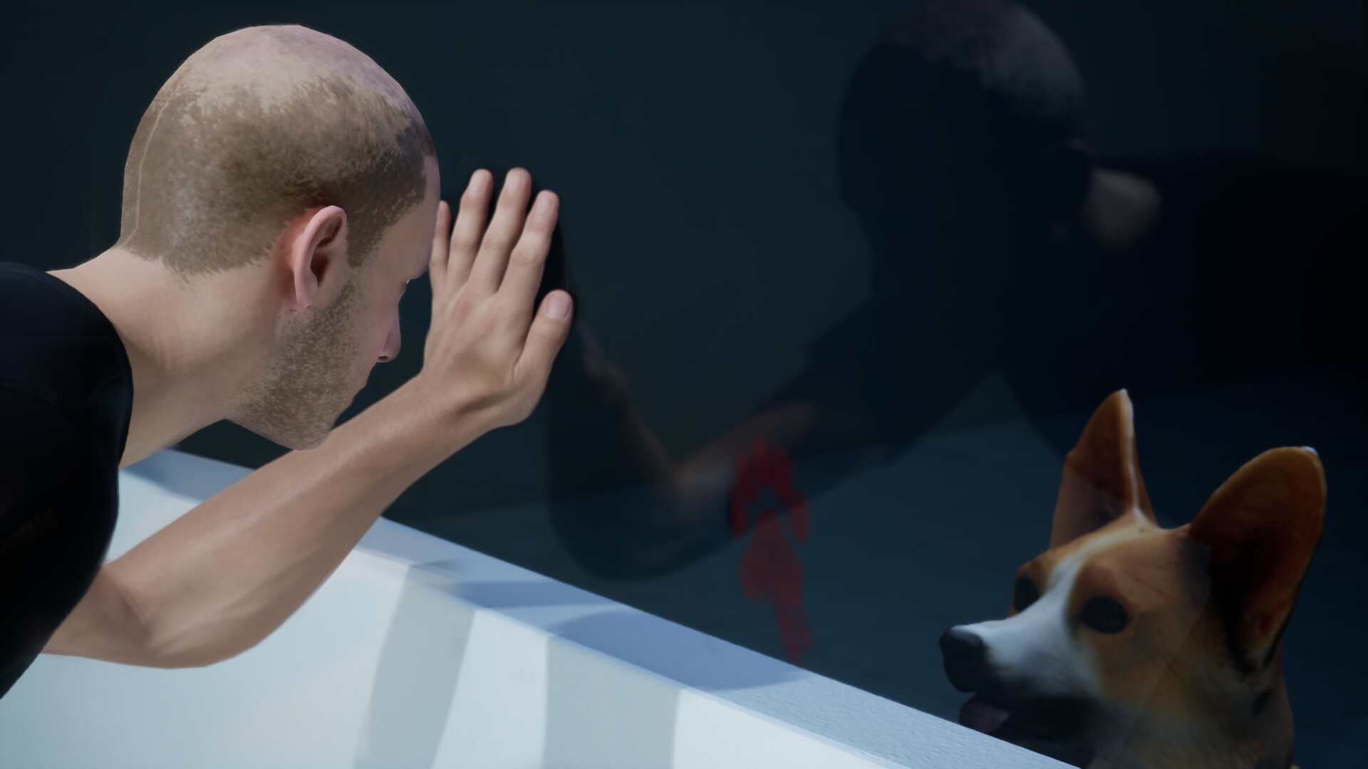 A character interacts with a dog through a glass barrier in Our Little Brothers.