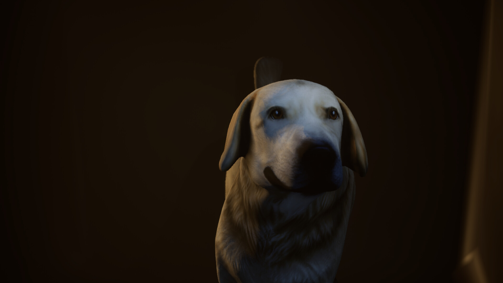 A close-up of a friendly dog in a dark setting, showcasing realistic graphics.