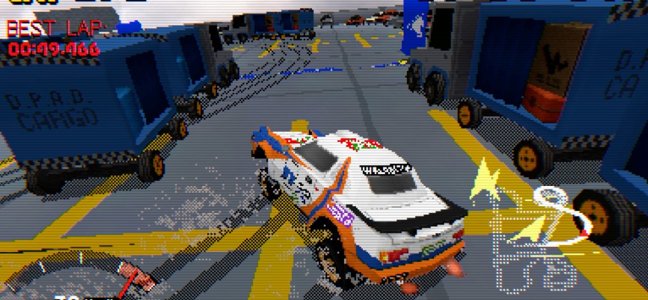 Retro rally racing action in a parking garage with pixel art style