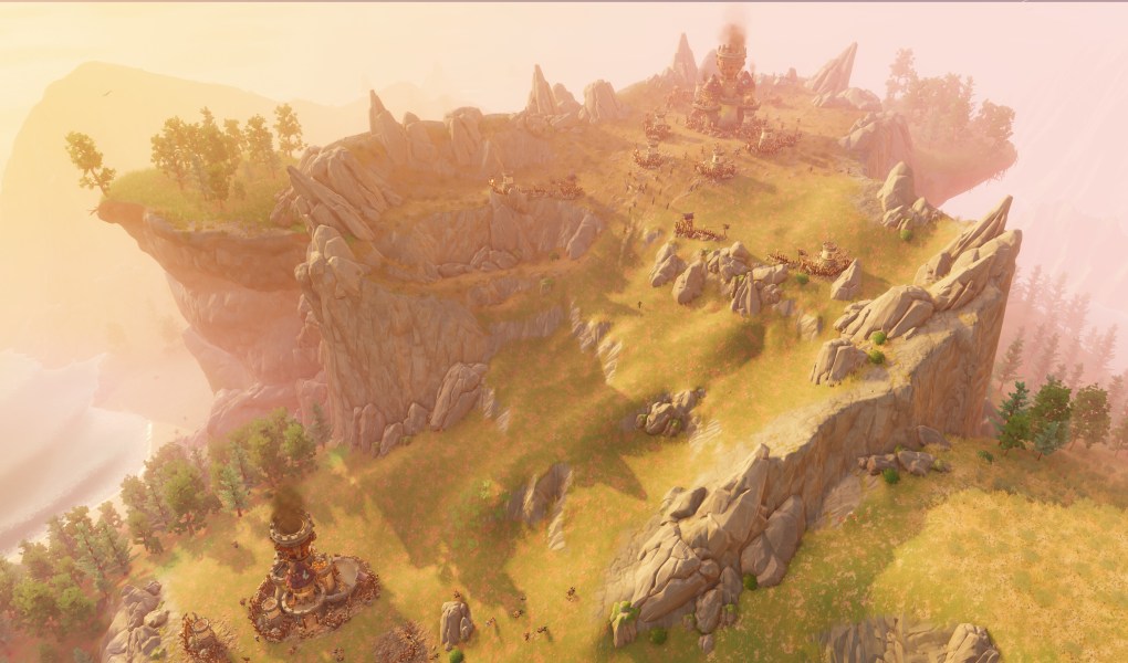 Aerial view of a medieval-fantasy landscape in Pioneers of Pagonia