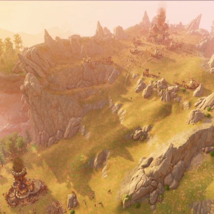 Aerial view of a medieval-fantasy landscape in Pioneers of Pagonia